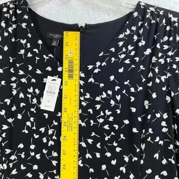 Talbots Black MIDI Dress SZ 8 Long Sleeve White Print Fit Flare Silhouette Flowy - Picture 16 of 16